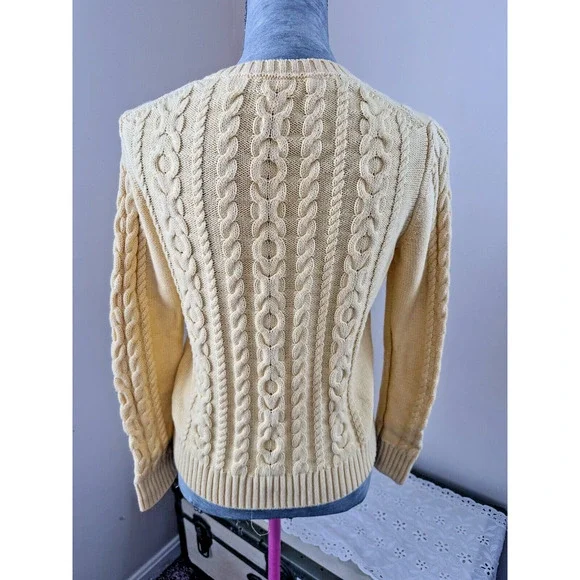 Vintage LL BEAN Women's Cabled Cotton Sweater Yellow Crew Neck Small - Picture 3 of 6